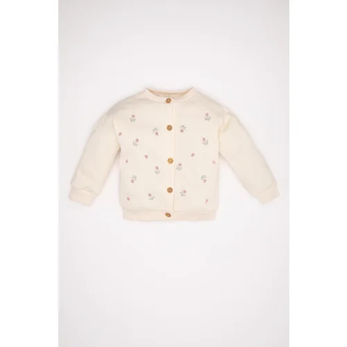 Defacto Baby Girl Crew Neck Floral Buttoned Cardigan