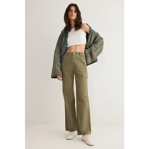 Trendyol Khaki Cargo Pockets High Waist Wide Leg Jeans