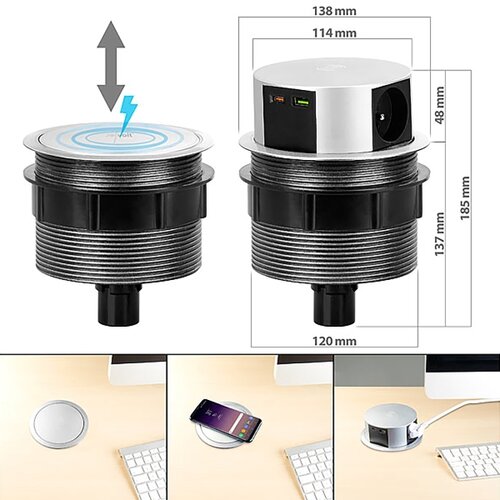 Solight PP120CW-PD20- Utični stub za radnu ploču stola sa Qi 3x230V+1xUSB-A+1xUSB-C Slike