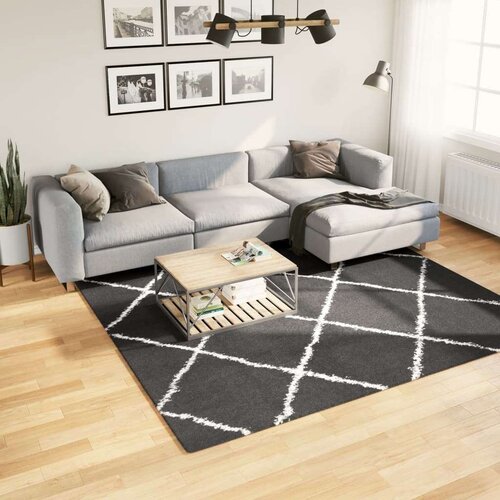  Čupavi moderni tepih s visokim vlaknima crni i krem 240x240 cm Cijene