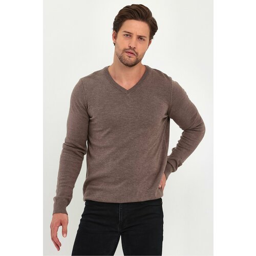 Lafaba Men's Brown V-Neck Basic Knitwear Sweater Slike