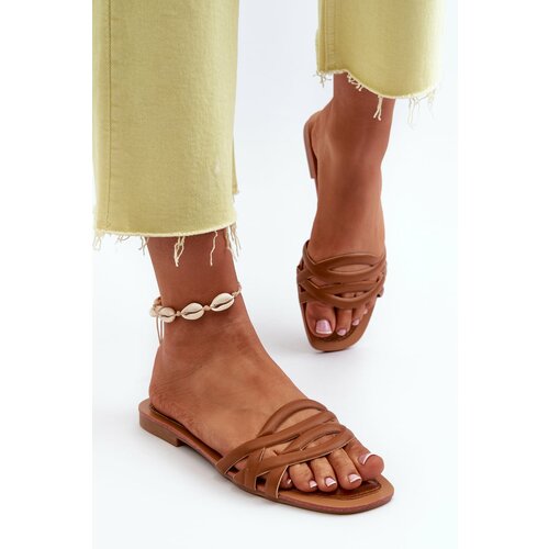 Kesi Women's eco leather slippers with flat heels, Brown, Moldela Slike