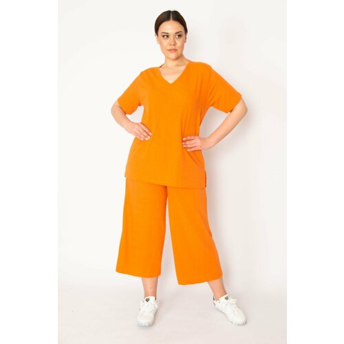 Şans Women's Orange Camisole Knitted Elastic Waist Wide Leg Trousers V-Neck Blouse Suit Slike