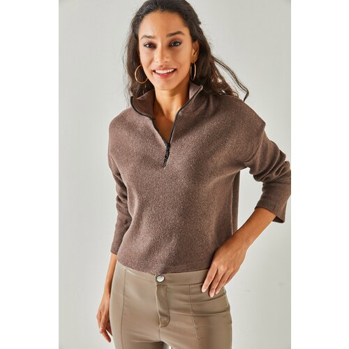 Olalook Women's Bitter Brown Zipper Stand-Up Collar Raised Pullover Sweater Slike