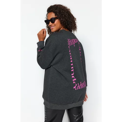 Trendyol Curve Anthracite Printed Knitted Sweatshirt with Fleece Inside