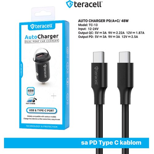Teracell Auto punjač Evolution TC-13 PD 30W + USB QC3.0 18W/ 48W (total) sa PD Type-C kablom crni Cene