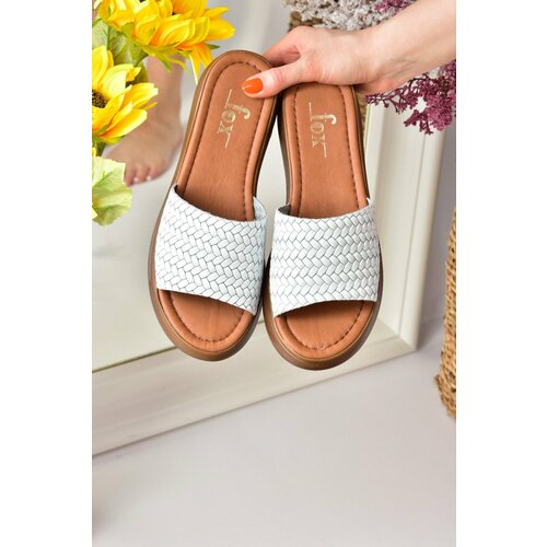 Fox Shoes White Genuine Leather Women's Thick Banded Knitted Model Daily Slippers Slike