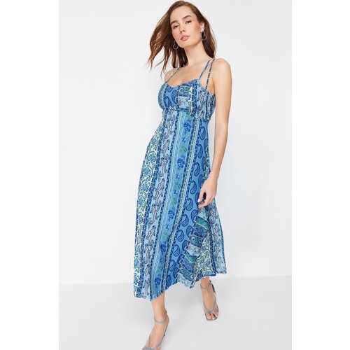 Trendyol blue patterned strappy a-line/bell form midi lined woven dress Cene