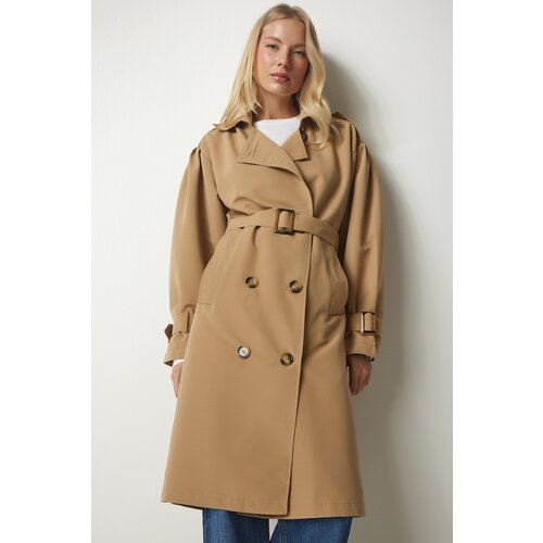 Happiness İstanbul Women's Camel Double-breasted Collar Belted Trench Coat Slike