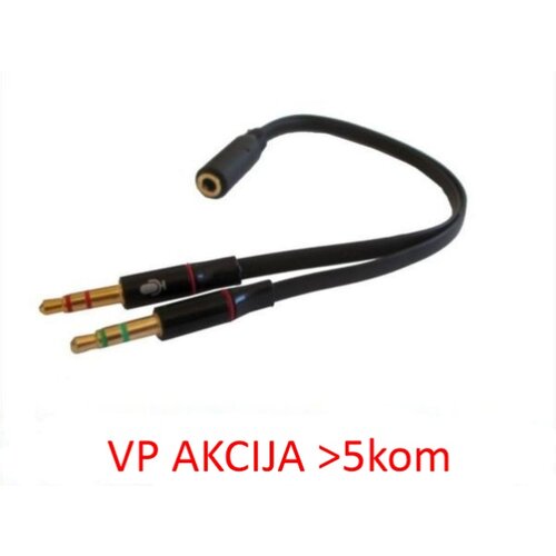 Gembird 3.5 mm 4-pin socket to 2 x 3.5 mm stereo Headphone Mic Audio Y Splitter adapter cable, black CCA-418A Slike