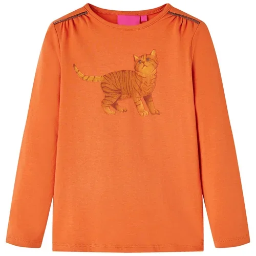vidaXL Otroška majica z dolgimi rokavi potisk mačka žgano oranžna 92