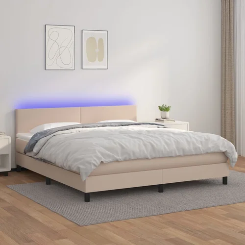 vidaXL Box spring postelja vzmetnico LED kapučino 180x200 cm um. usnje