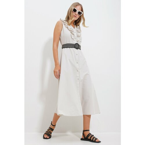 Trend Alaçatı Stili Women's Beige Frilly Front Belted Poplin Woven Dress Slike