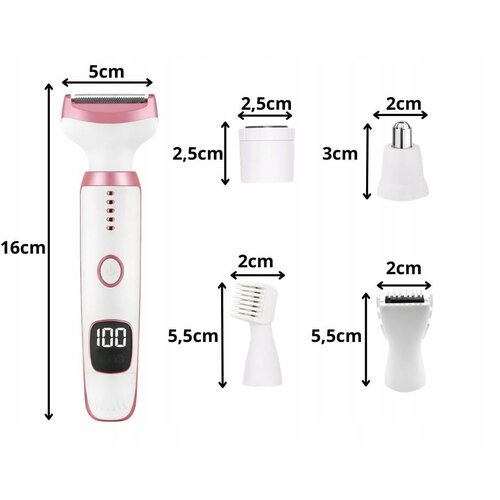 5v1 brezžični aku. LCD epilator in brivnik dlačic za telo USB roza Slike