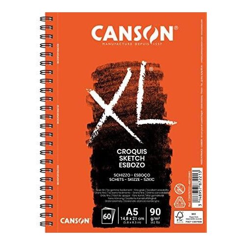 Canson Skicirka spirala XL Croquis A5 90 g, 60 listna, leva spirala, (22005464) Slike