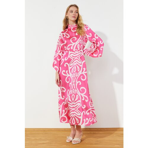 Trendyol Ecru Fuchsia Patterned Satin Woven Evening Dress Slike