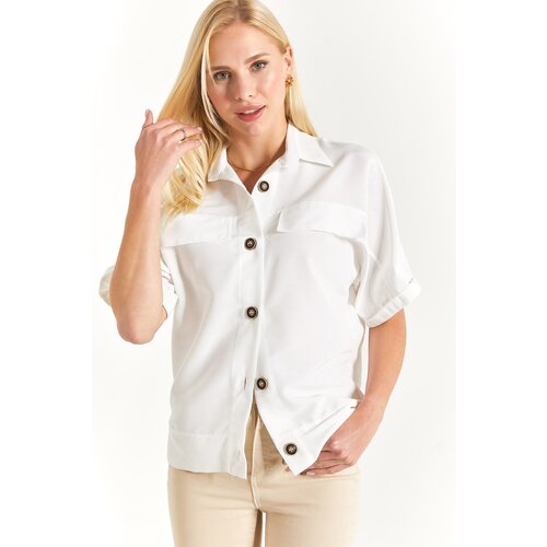 armonika Women's White Bat Sleeve Pocket Detailed Shirt Cene