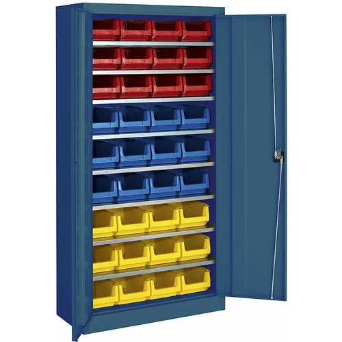 mauser Skladiščna omara, enobarvna, s 36 odprtimi skladiščnimi posodami, 8 polic, modra