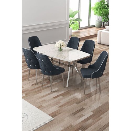 Hanah home trpezarijski set Asel, sto i 6 stolica, ploča u dekoru belog mermera, hromirane noge, antracit tkanina Babyface Cene