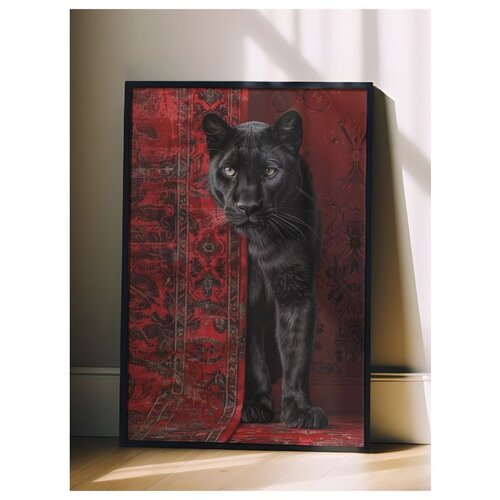 Wallxpert uramljena slika 115238, crni panter na crvenom orijentalnom ćilimu, 50 x 70 cm, crni ram Slike