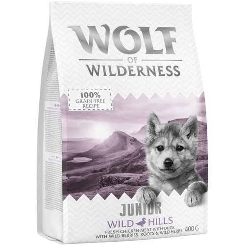 Wolf of Wilderness Probno pakiranje! suha hrana za pse - NOVO: JUNIOR Wild Hills - pačetina (400 g) Slike
