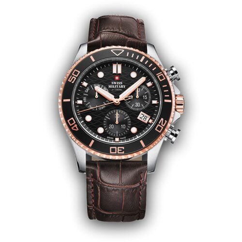 Swiss Military chrono quartz chronograph crni roze zlatni sportski ručni sat sa braon kožnim kaišem 603251 Slike