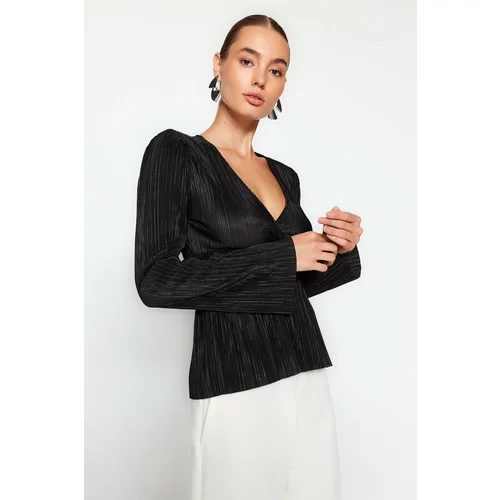 Trendyol Black Pleat Detail, Double Breasted, Closed, Frilled V-Neck Blouse