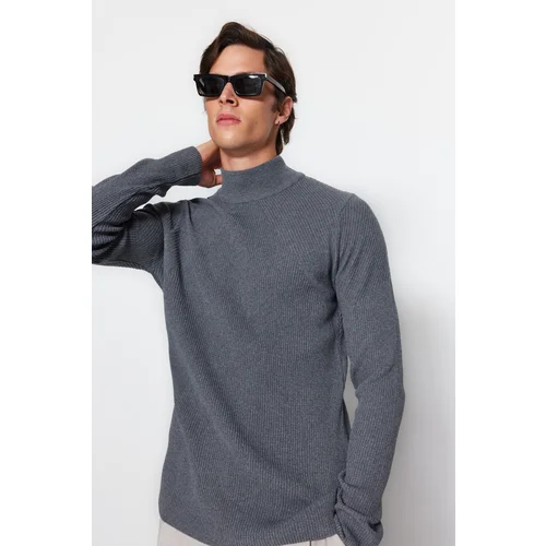 Trendyol Dark Gray Men's Fitted Tight fit Half Turtleneck Corduroy Knitwear Sweater