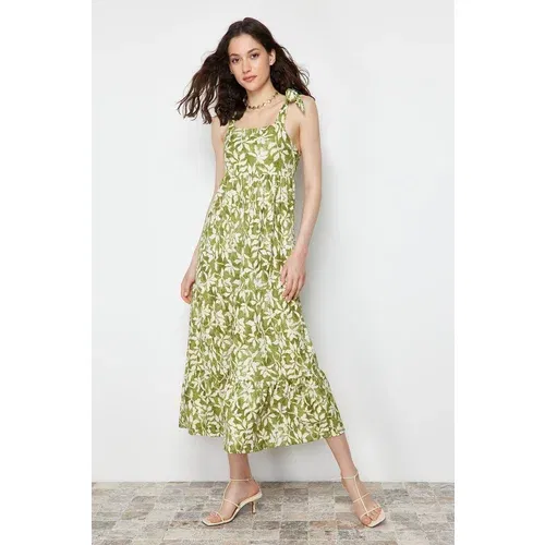 Trendyol Green Tie Strap Skirt Ruffled Corduroy Knitted Maxi Dress