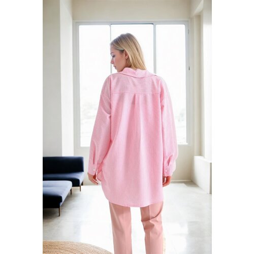 Dewberry 49999 Blue Wrinkled Detailed Striped Women Shirt-PINK Cene