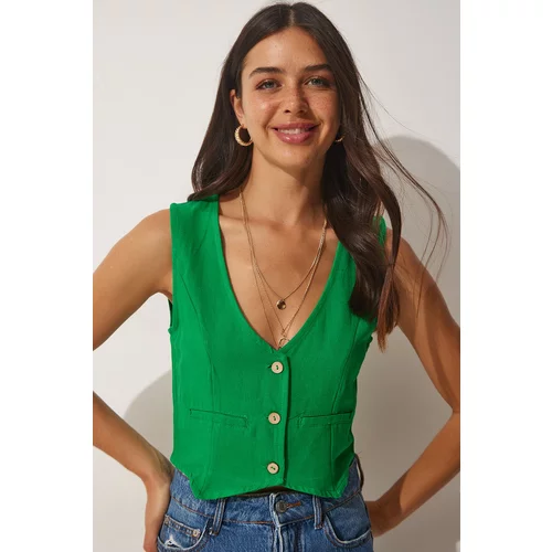 Happiness İstanbul Women's Green V-Neck Linen Vest