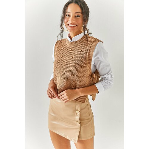 Olalook Women's Biscuit Tie Side Pearl Garnish Knitwear Sweater Cene