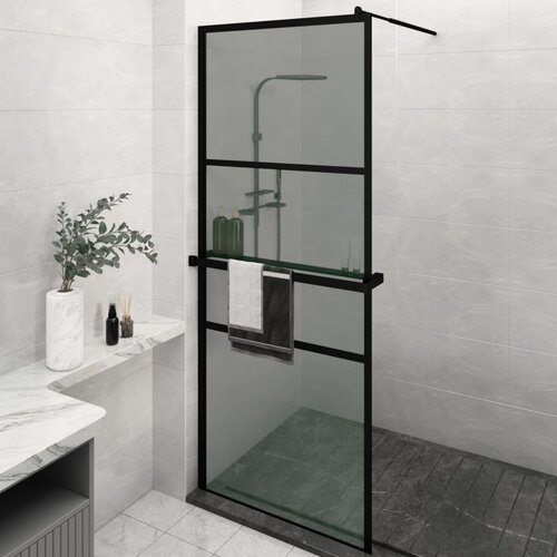 The Living Store Pregrada za tuš s polico črna 80x195 cm ESG steklo in aluminij - Stena Za Tuš, (21836004) Cene
