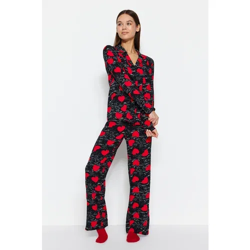 Trendyol Black Heart Viscose Shirt-Pants Woven Pajama Set