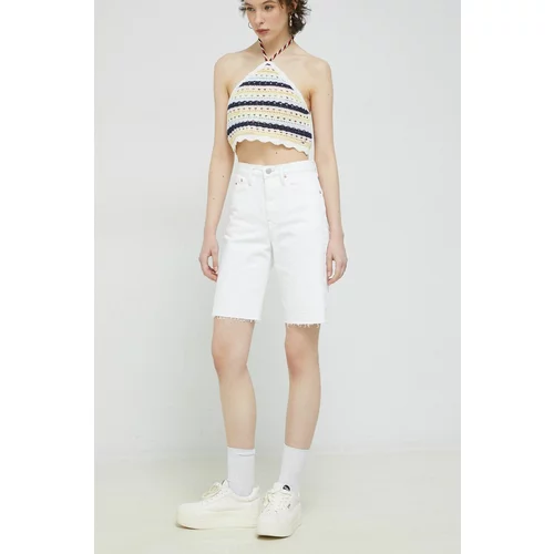 Tommy Jeans Traper kratke hlače za žene, boja: bijela, glatki materijal, visoki struk