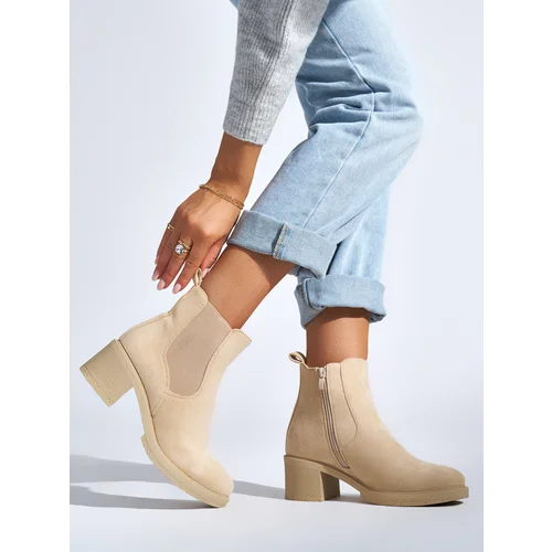 Shelvt Beige suede Chelsea boots on a heel