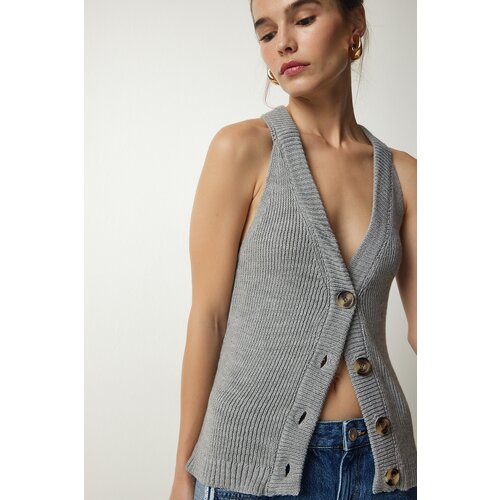 Happiness İstanbul Women's Gray Halterneck Buttons Knitwear Vest Slike