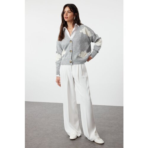 Trendyol Gray Soft Textured Cloud Patterned Knitwear Cardigan Slike