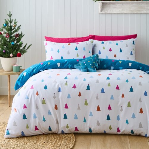 Catherine Lansfield Bela/modra enojna posteljnina iz mikrovlaken 135x200 cm Christmas Tree – Cene
