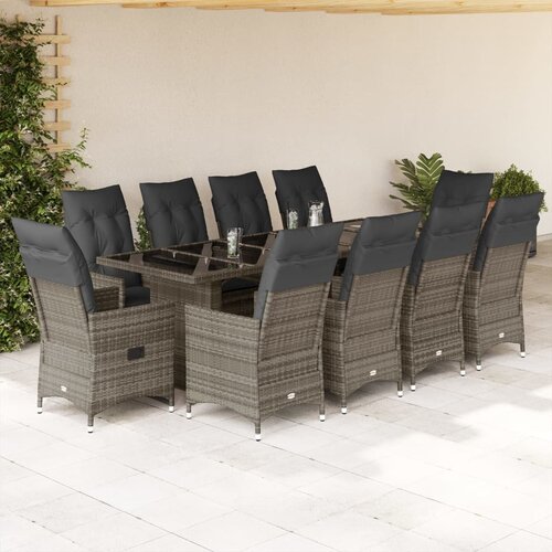 VidaXL 11-dijelni vrtni bistro set od poliratana s jastucima sivi - Sa naslonom za noge Stakl 10 Slike