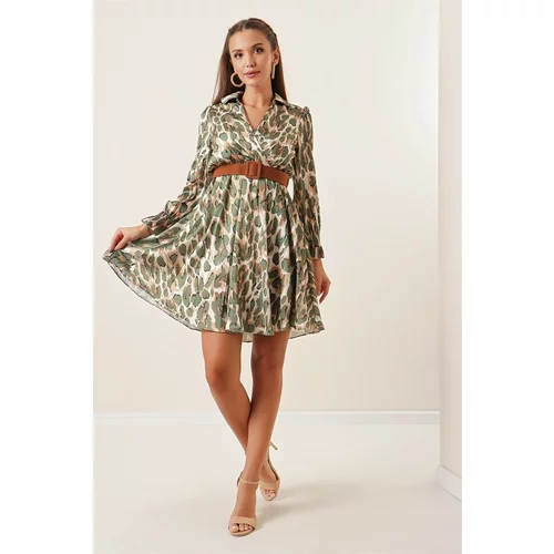 By Saygı Double-breasted Collar Leopard Pattern Lined Satin Dress with Belted Waist Khaki