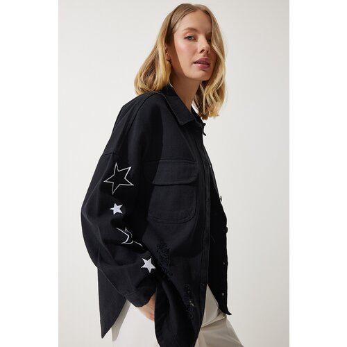  Women&amp;#039;s Black Star Embroidered Oversize Shirt Jacket Slike