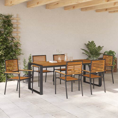 VidaXL 7-dijelni set vrtne blagovaonice Crna poli ratan akacija, Stacking Garden Chairs with Cushions 2 pcs Black Poly Rattan Slike