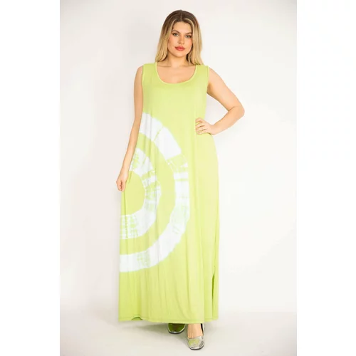 Şans Women's Green Tie Dye Patterned Long Dress with Side Slits