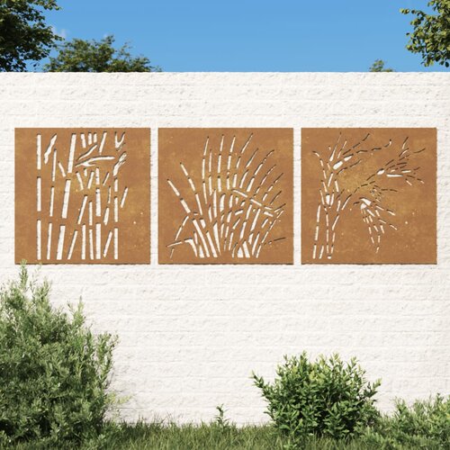 VidaXL Vrtni zidni ukrasi 3 kom 55 x 55 cm čelik COR-TEN uzorak trave Slike