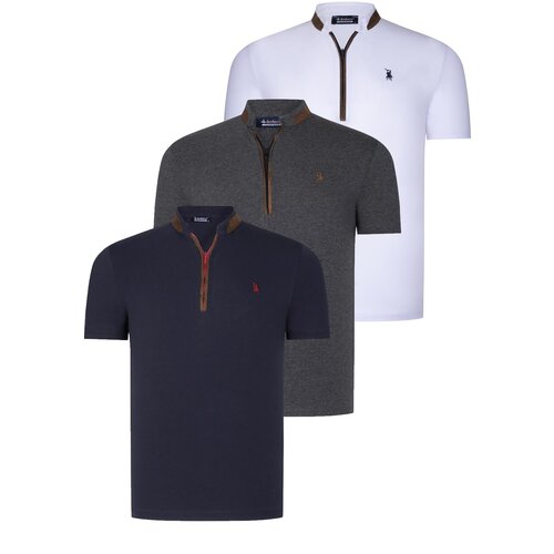 Dewberry TRIPLE SET T8571 ZIPPERED MENS T-SHIRT-NAVY BLUE-WHITE-ANTHRACITE Slike