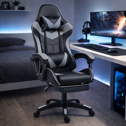 Lean Toys Igralni stol LEAN črno-siva &amp;ndash; ergonomski gaming stol z naslonom za noge Slike