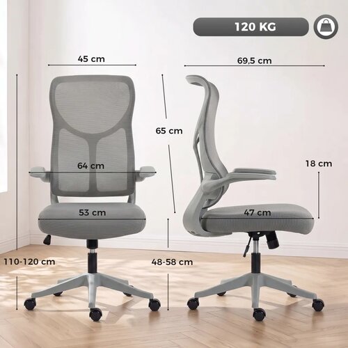  Ergonomska mrežasta uredska stolica okretna stolica s visokim naslonom sklopivi nasloni za ruke funkcija ljuljanja siva Slike