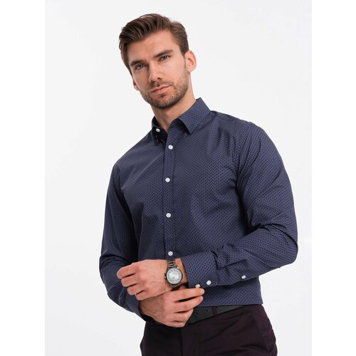 Ombre Men's cotton patterned SLIM FIT shirt - navy blue Slike