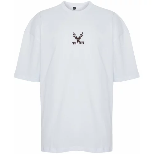 Trendyol Men's White Oversize Deer Embroidery 100% Cotton T-Shirt